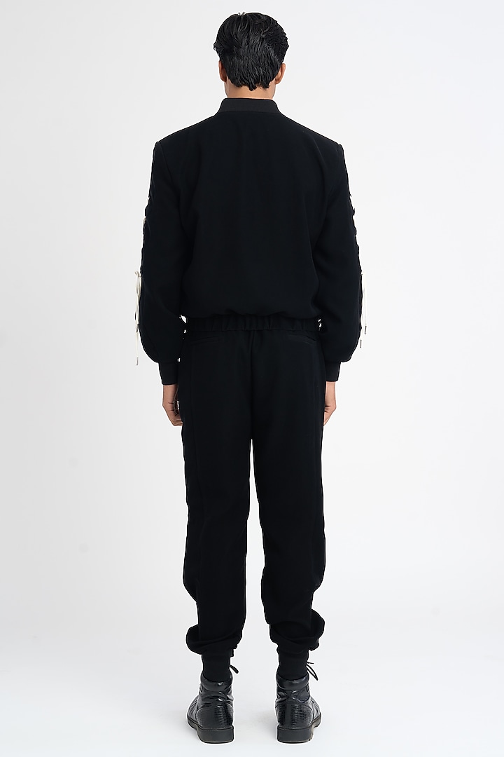 Black Polyester Japanese Microfibre Crepe Bomber Jacket by DIERMEISS BY THE DRAGON LADY at Pernia's Pop Up Shop