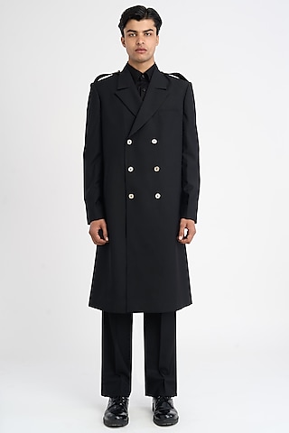 Black Italian Terry Rayon Suiting Trench Coat by DIERMEISS BY THE DRAGON LADY