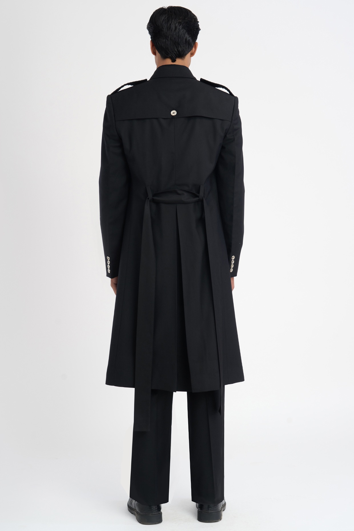 Black Italian Terry Rayon Suiting Trench Coat by DIERMEISS BY THE