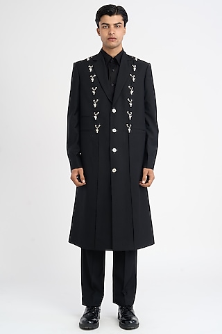 Black Italian Terry Rayon Suiting Dragon Charm Trench Coat by DIERMEISS BY THE DRAGON LADY