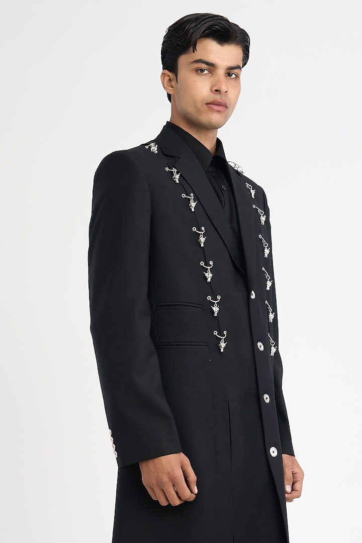 Black Italian Terry Rayon Suiting Dragon Charm Trench Coat by DIERMEISS BY THE DRAGON LADY at Pernia's Pop Up Shop