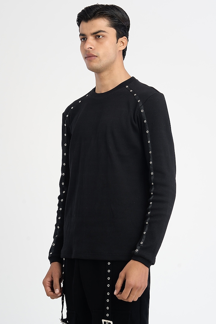 Black Cotton Knit Ribbed Fabric T-Shirt by DIERMEISS BY THE DRAGON LADY at Pernia's Pop Up Shop
