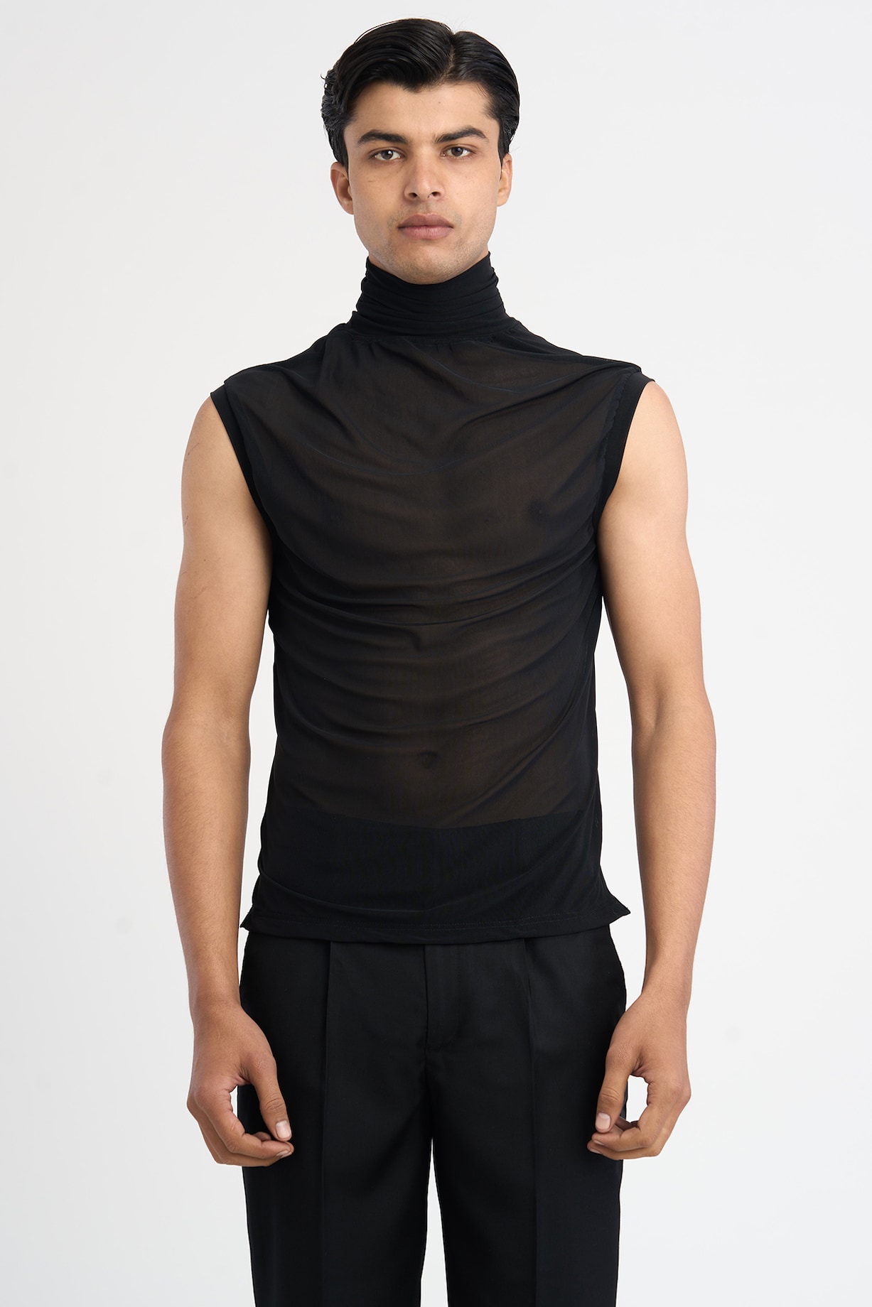 Black Power Mesh Net Turtle Neck Sleeveless T-Shirt by DIERMEISS BY THE  DRAGON LADY at Pernia's Pop Up Shop
