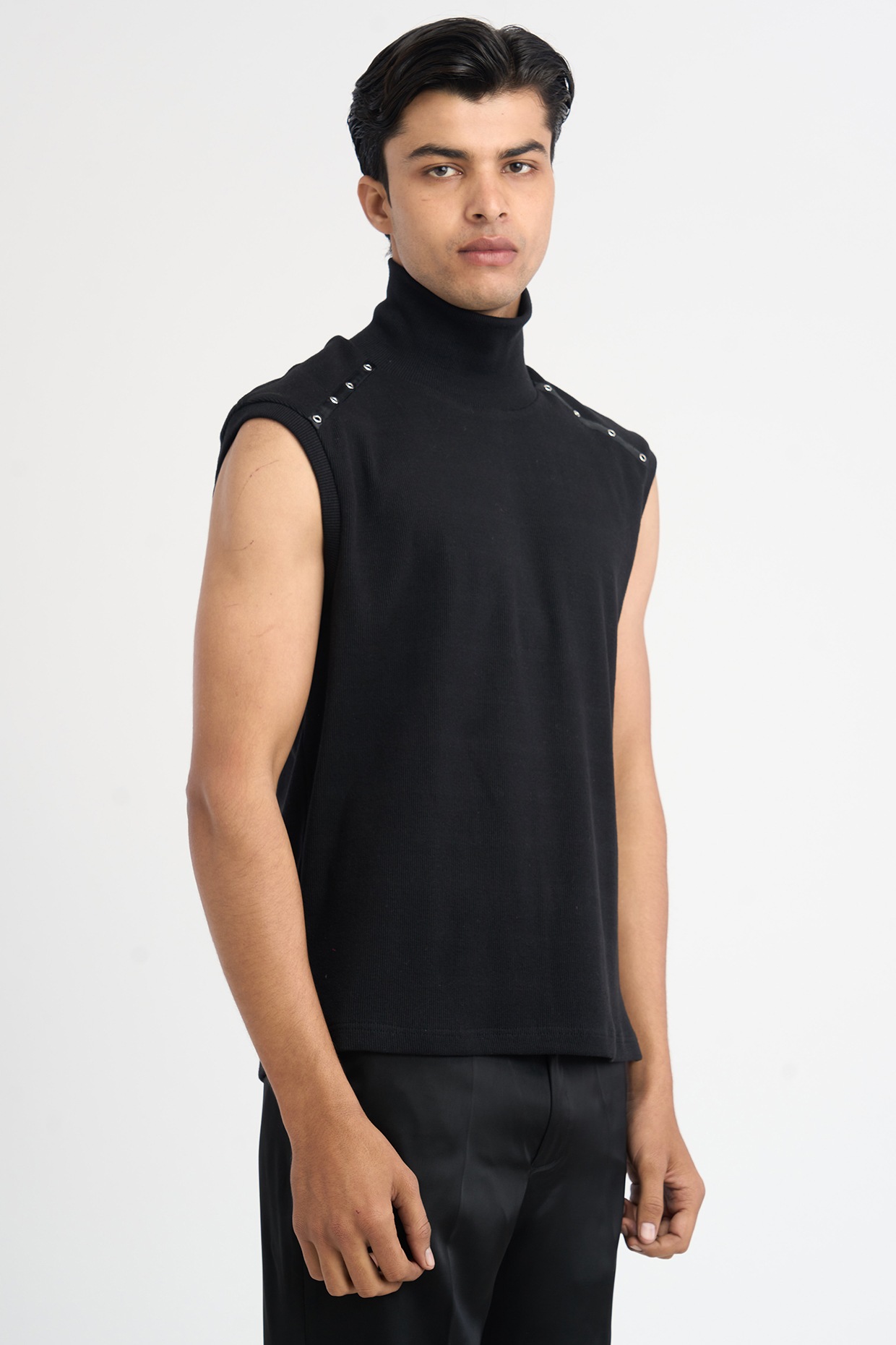 Black Cotton Knit Ribbed Fabric Turtle Neck Sleeveless T Shirt by DIERMEISS BY THE DRAGON LADY at Pernia s Pop Up Shop