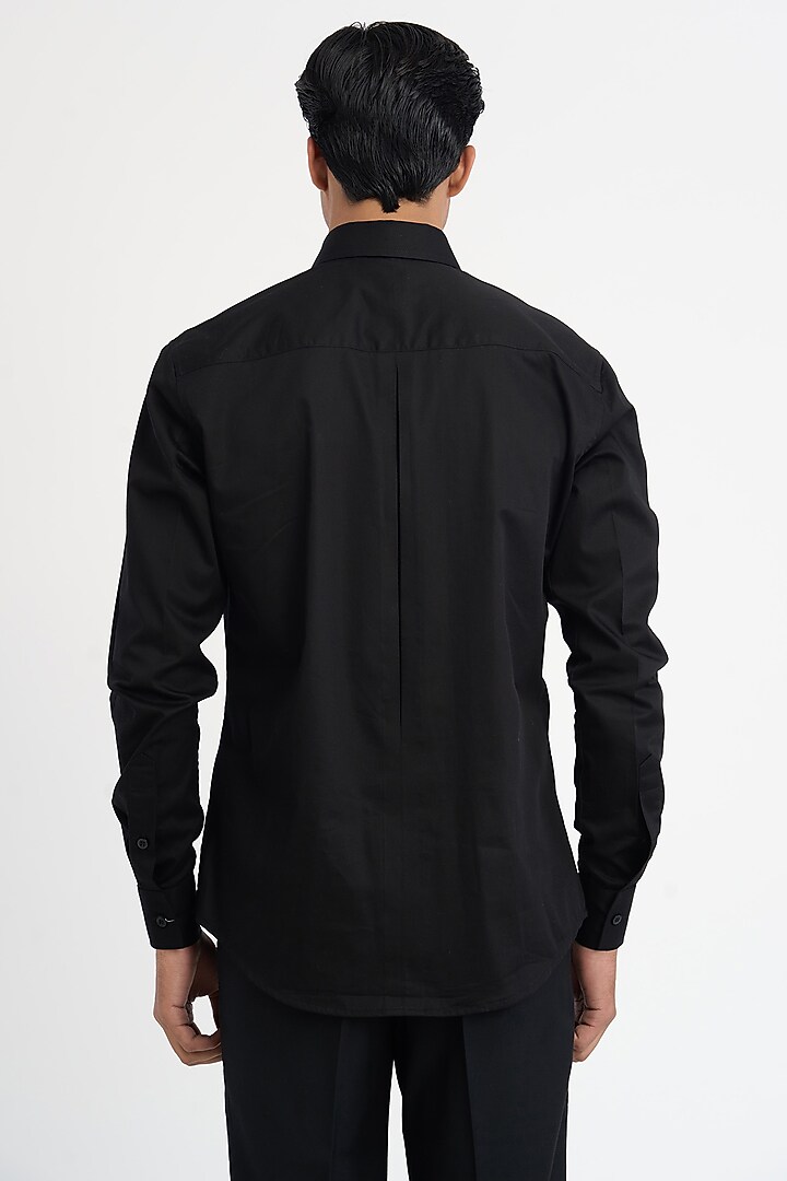 Black Premium Giza Cotton Satin Box Pleated Party Wear Shirt by DIERMEISS BY THE DRAGON LADY at Pernia's Pop Up Shop