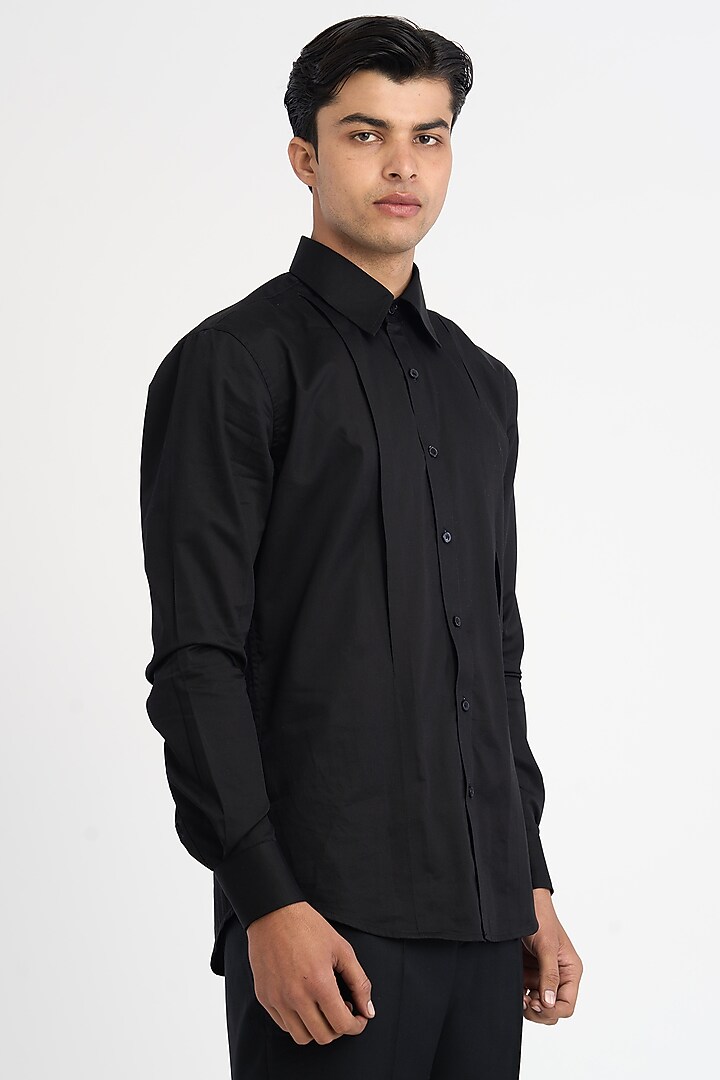 Black Premium Giza Cotton Satin Box Pleated Party Wear Shirt by DIERMEISS BY THE DRAGON LADY at Pernia's Pop Up Shop