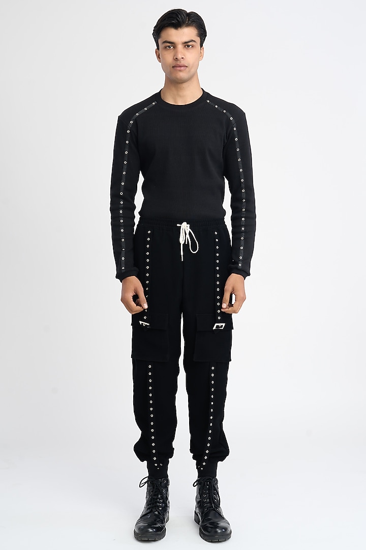 Black Polyester Japanese Microfibre Crepe Joggers by DIERMEISS BY THE DRAGON LADY