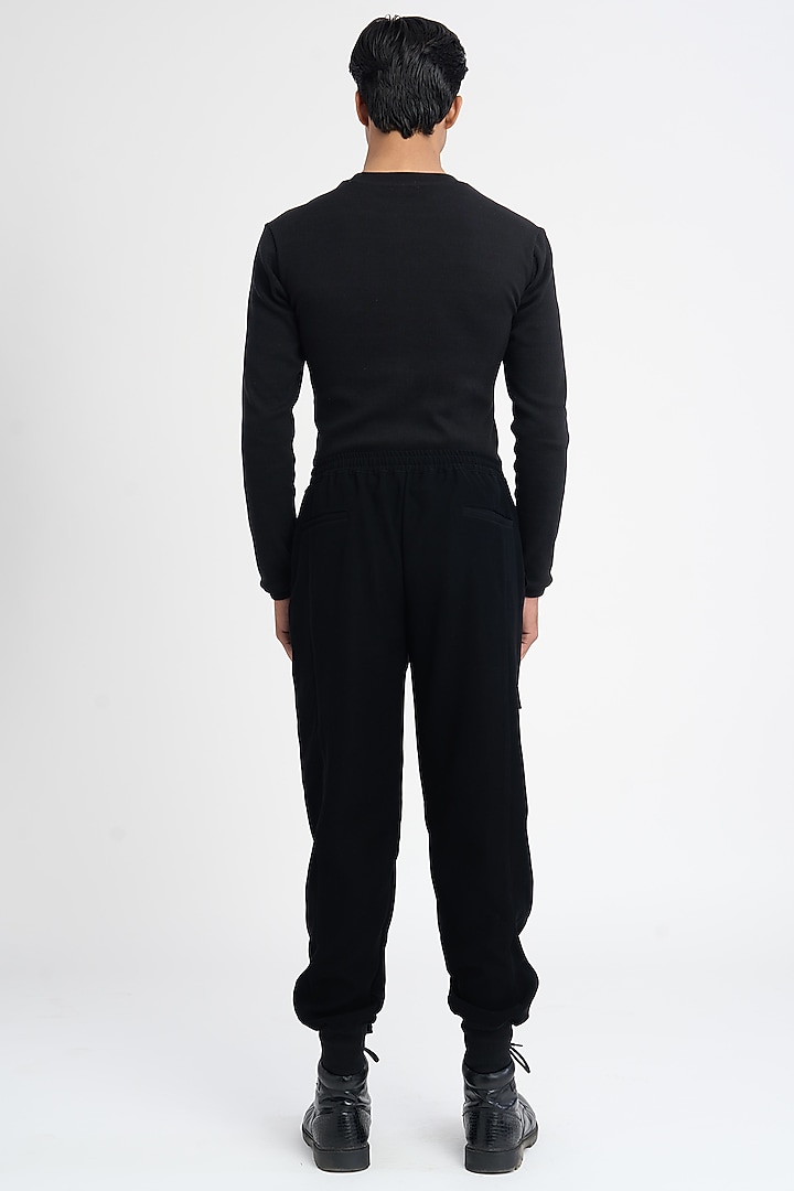 Black Polyester Japanese Microfibre Crepe Joggers by DIERMEISS BY THE DRAGON LADY at Pernia's Pop Up Shop
