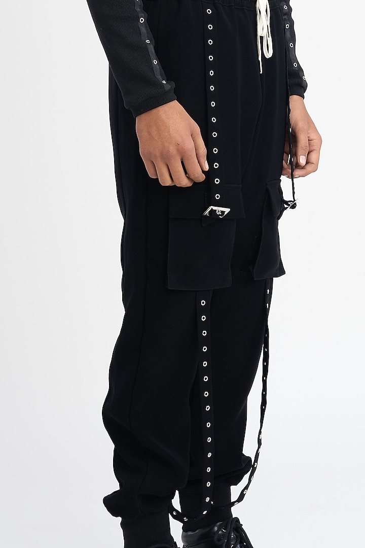 Black Polyester Japanese Microfibre Crepe Joggers by DIERMEISS BY THE DRAGON LADY at Pernia's Pop Up Shop