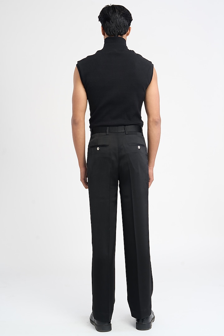 Black Polyester Japanese Moss Crepe Trousers by DIERMEISS BY THE DRAGON LADY at Pernia's Pop Up Shop