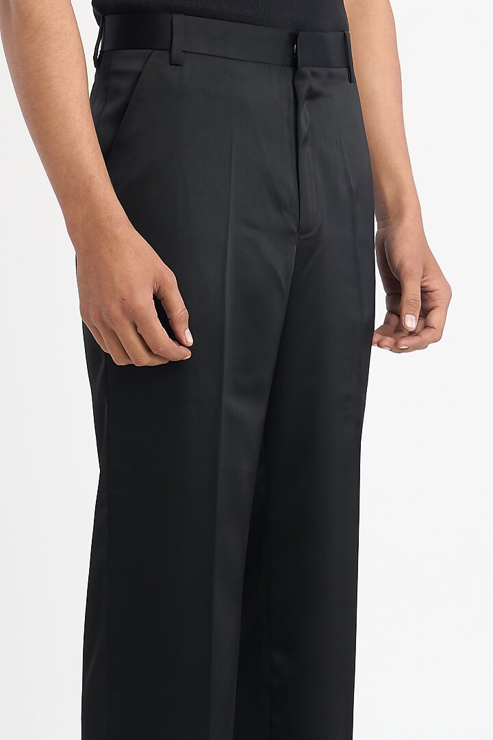 Black Polyester Japanese Moss Crepe Trousers by DIERMEISS BY THE DRAGON LADY at Pernia's Pop Up Shop