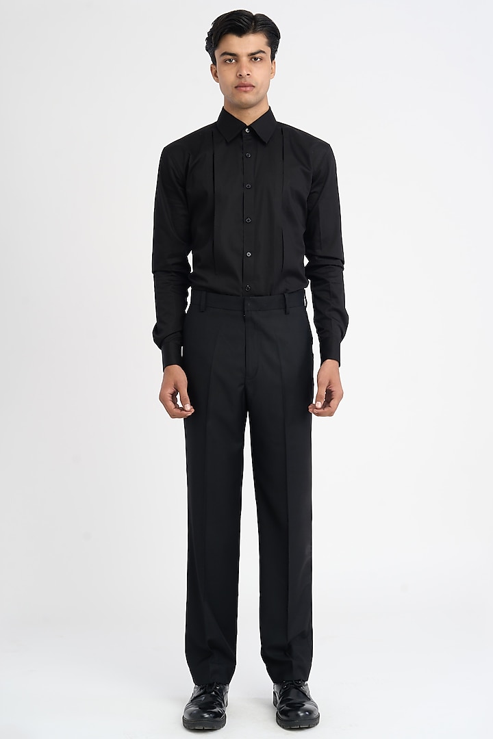 Black Italian Terry Rayon Suiting Handcrafted Straight Trousers by DIERMEISS BY THE DRAGON LADY