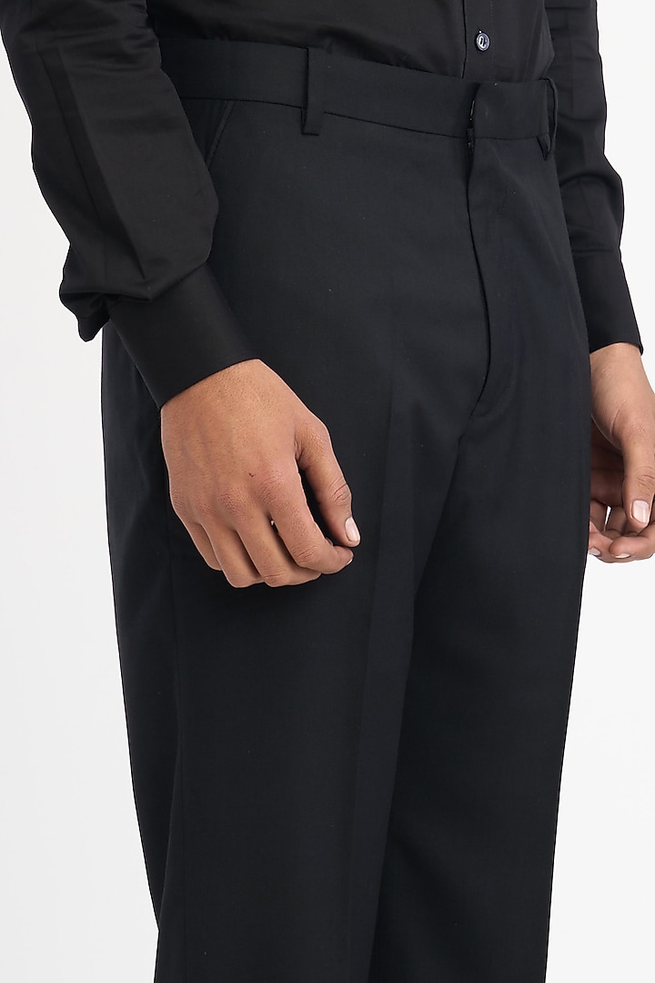 Black Italian Terry Rayon Suiting Handcrafted Straight Trousers by DIERMEISS BY THE DRAGON LADY at Pernia's Pop Up Shop