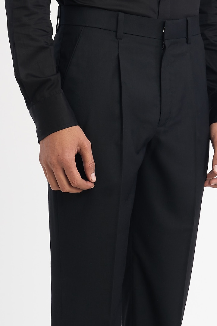 Black Italian Terry Rayon Suiting Pleated Trousers by DIERMEISS BY THE DRAGON LADY at Pernia's Pop Up Shop