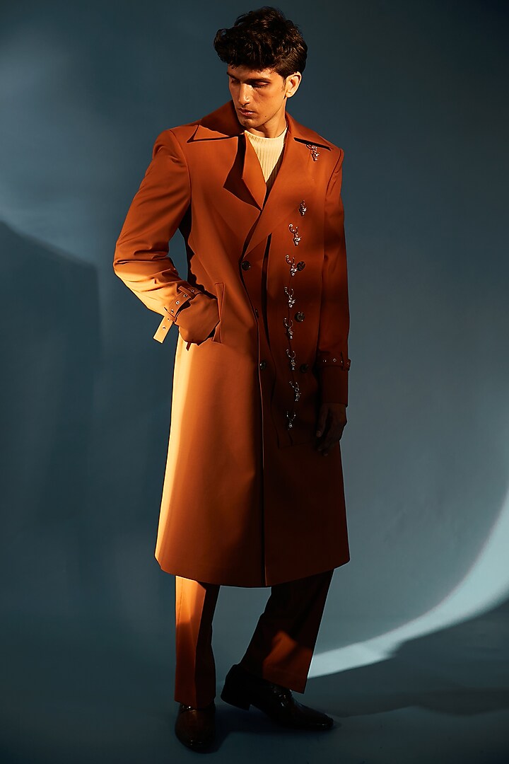 Burnt Orange Double-Breasted Overcoat by DIERMEISS BY THE DRAGON LADY