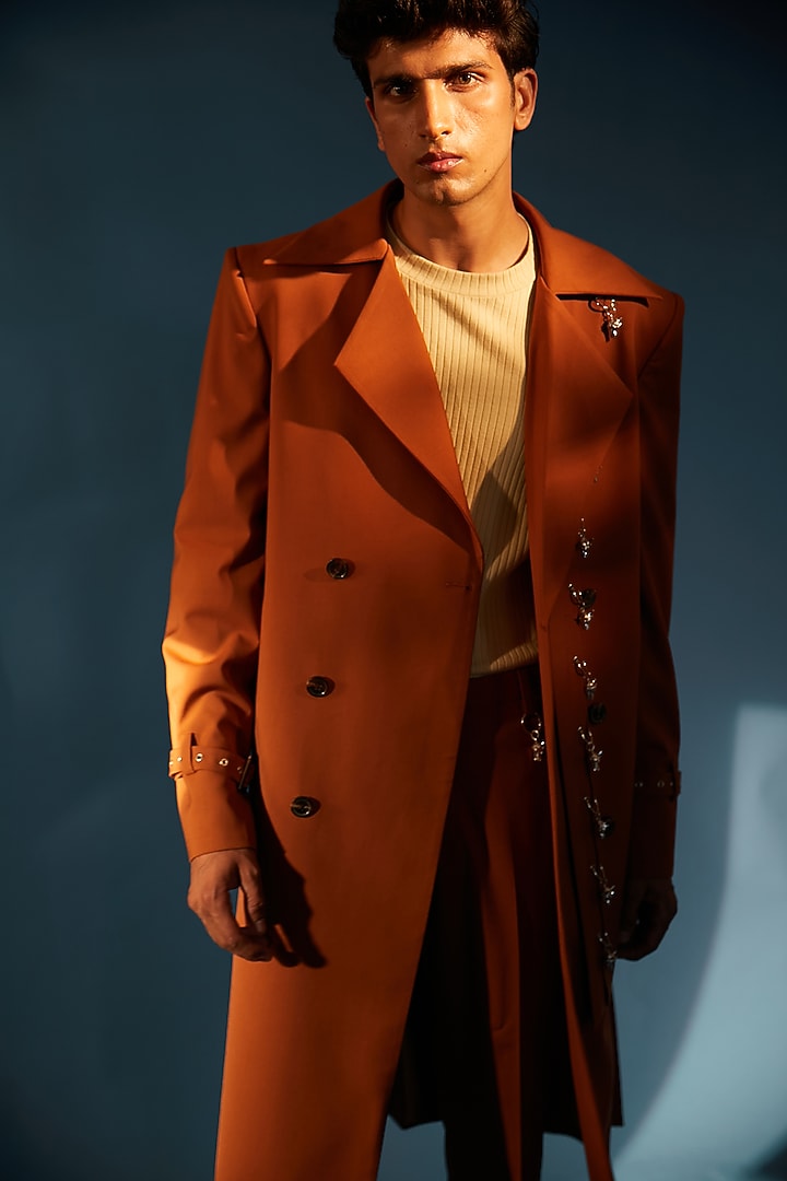 Burnt Orange Double-Breasted Overcoat by DIERMEISS BY THE DRAGON LADY at Pernia's Pop Up Shop