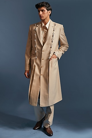 Nude Italian Check Suiting Overcoat by DIERMEISS BY THE DRAGON LADY