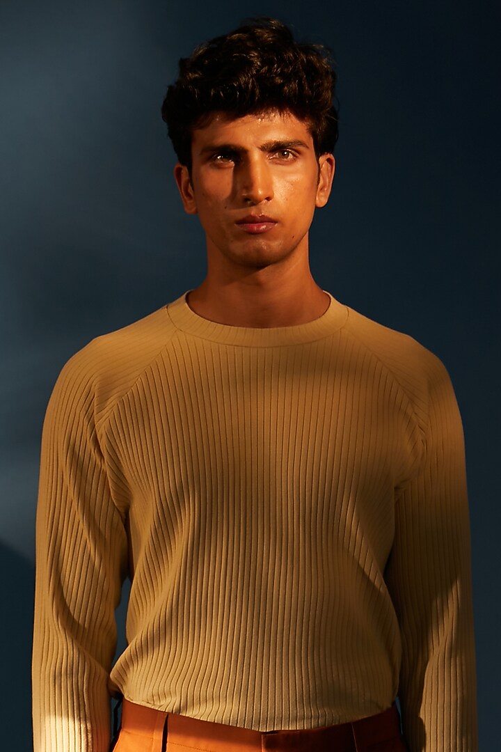Beige Ribbed Viscose Jersey T-Shirt by DIERMEISS BY THE DRAGON LADY at Pernia's Pop Up Shop
