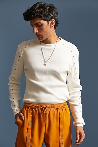 White Ribbed Cotton Knit T-Shirt by DIERMEISS BY THE DRAGON LADY
