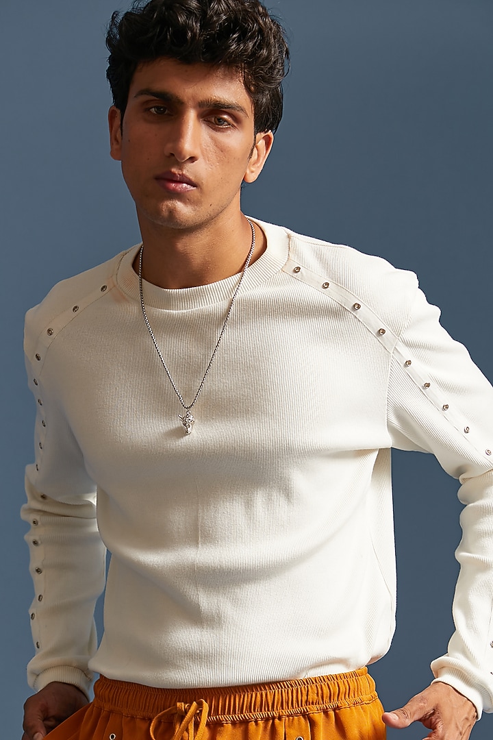White Ribbed Cotton Knit T-Shirt by DIERMEISS BY THE DRAGON LADY at Pernia's Pop Up Shop