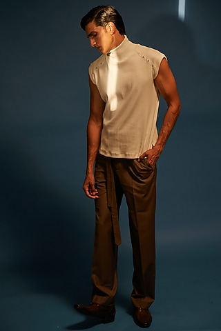 White Ribbed Cotton Knit High-Neck T-Shirt by DIERMEISS BY THE DRAGON LADY