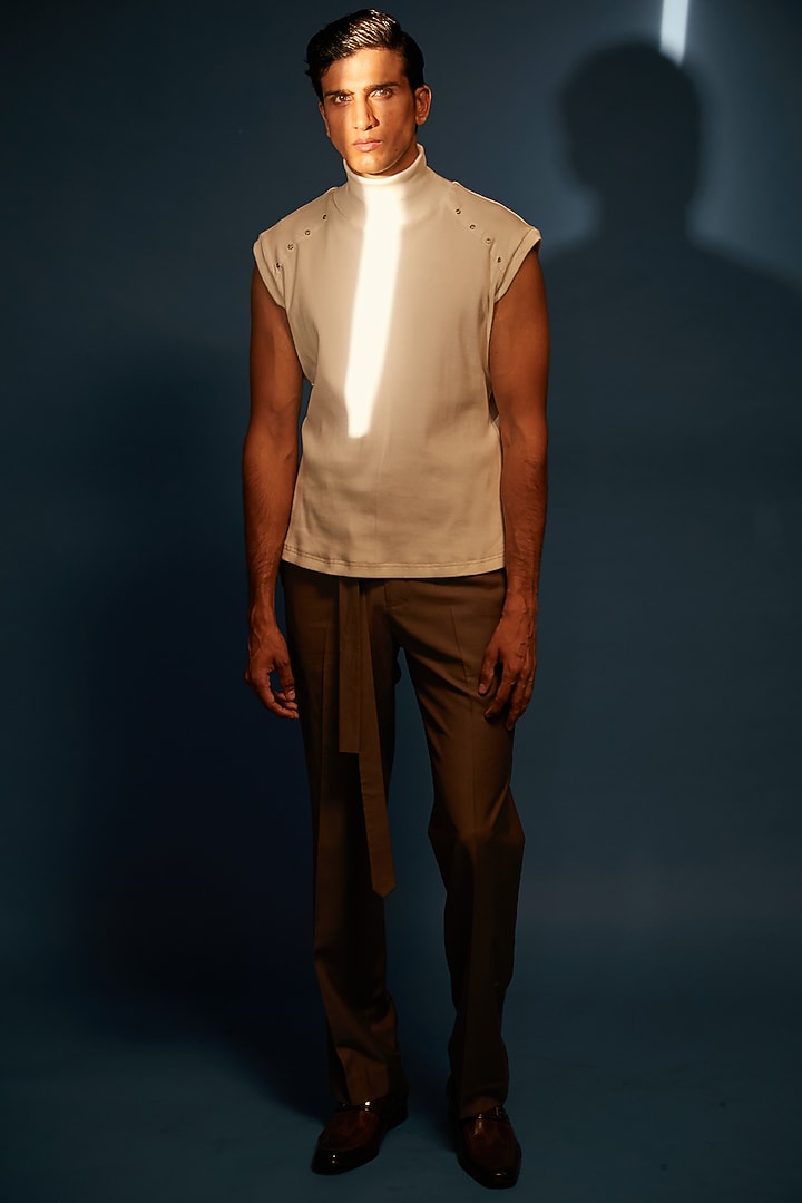 White Ribbed Cotton Knit High-Neck T-Shirt by DIERMEISS BY THE DRAGON LADY at Pernia's Pop Up Shop