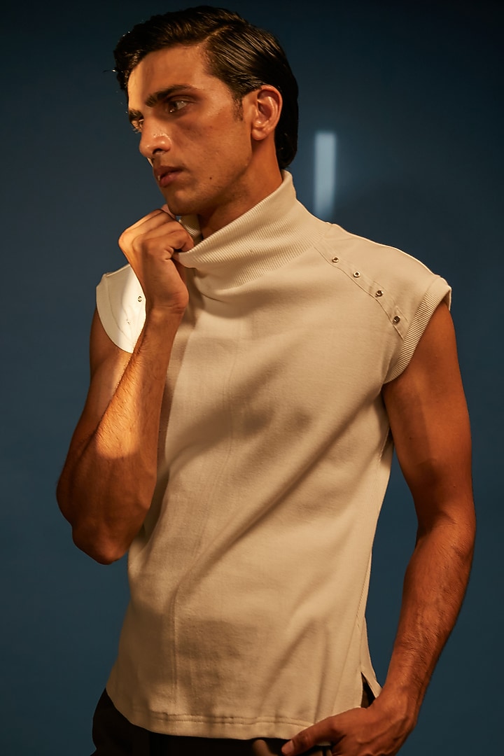 White Ribbed Cotton Knit High-Neck T-Shirt by DIERMEISS BY THE DRAGON LADY at Pernia's Pop Up Shop