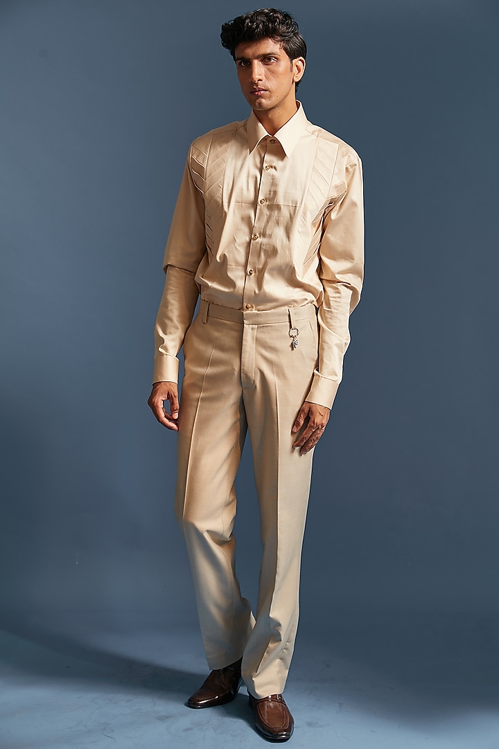 Nude Cotton Satin Pleated Shirt by DIERMEISS BY THE DRAGON LADY