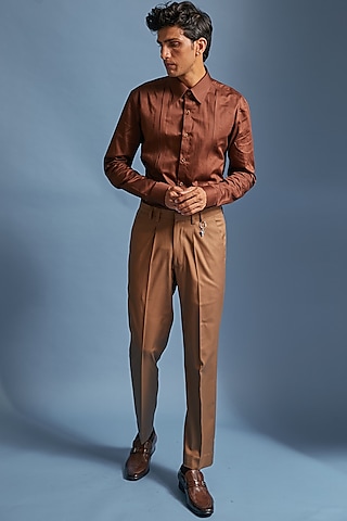 Dark Brown Box Pleated Shirt by DIERMEISS BY THE DRAGON LADY