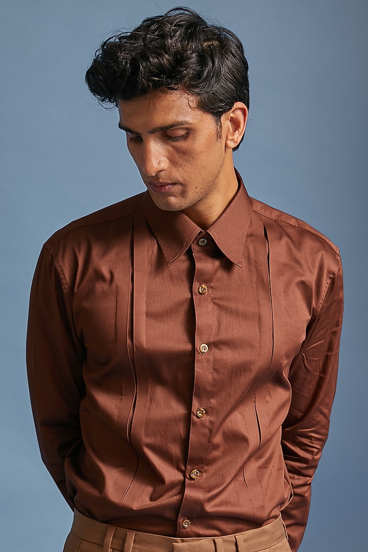 Dark Brown Box Pleated Party Wear Shirt by DIERMEISS BY THE DRAGON LADY at Pernia's Pop Up Shop