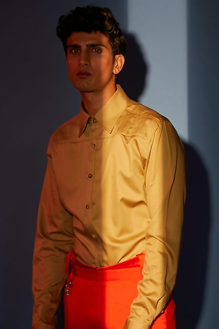 Lemon Yellow Pleated Party Wear Shirt by DIERMEISS BY THE DRAGON LADY at Pernia's Pop Up Shop