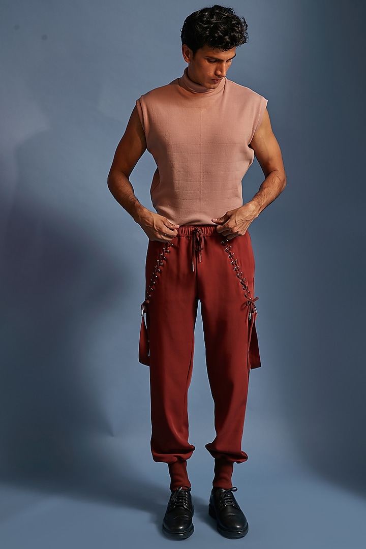 Burgundy Japanese Microfibre Crepe Joggers by DIERMEISS BY THE DRAGON LADY
