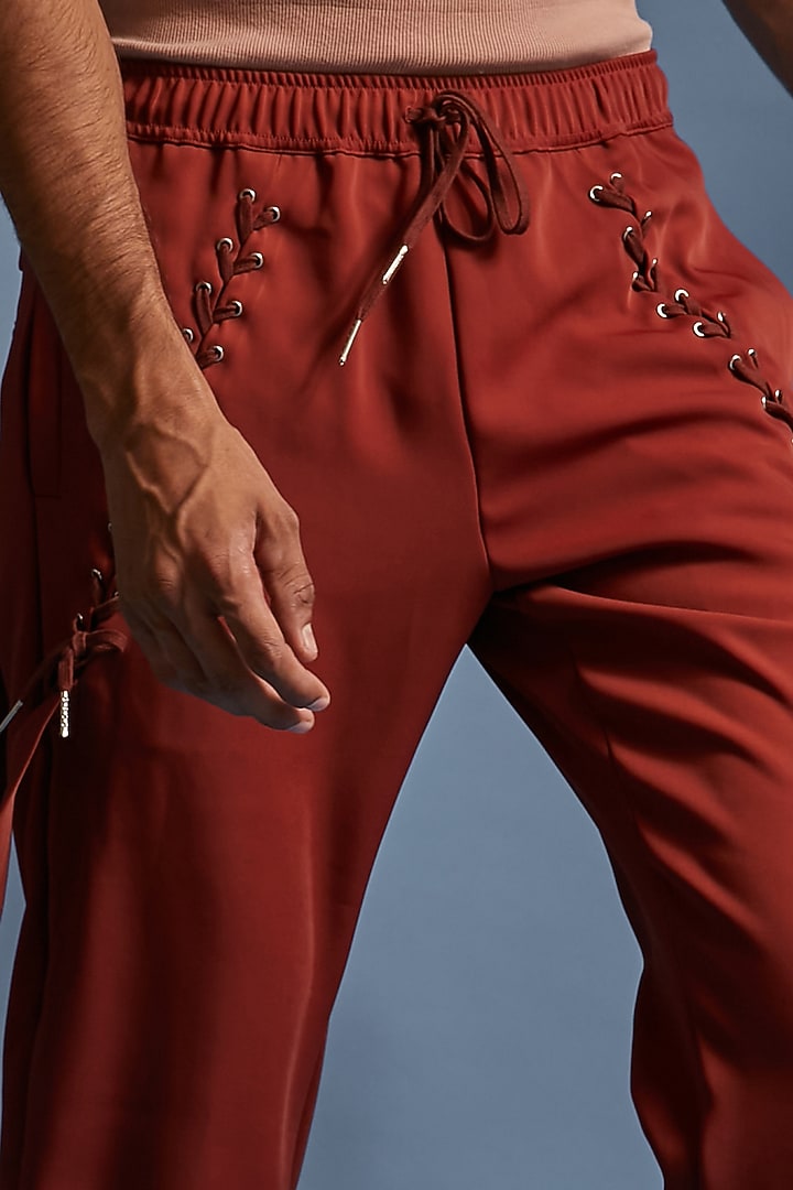 Burgundy Japanese Microfibre Crepe Joggers by DIERMEISS BY THE DRAGON LADY at Pernia's Pop Up Shop