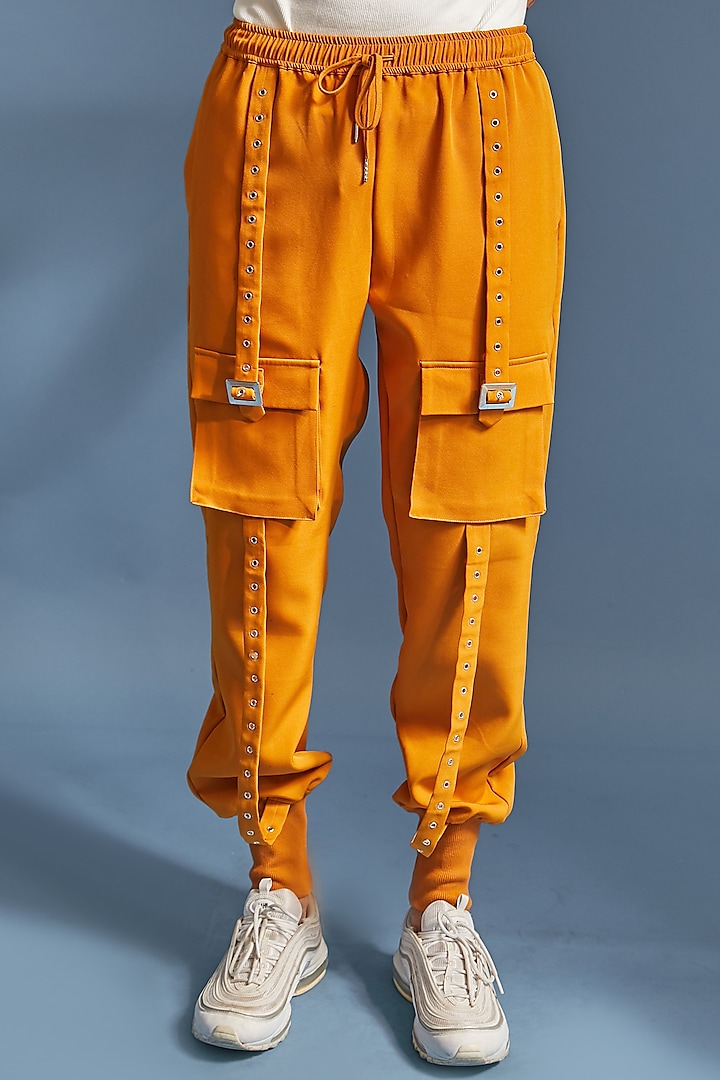 Mustard Yellow Imported Banana Crepe Joggers by DIERMEISS BY THE DRAGON LADY