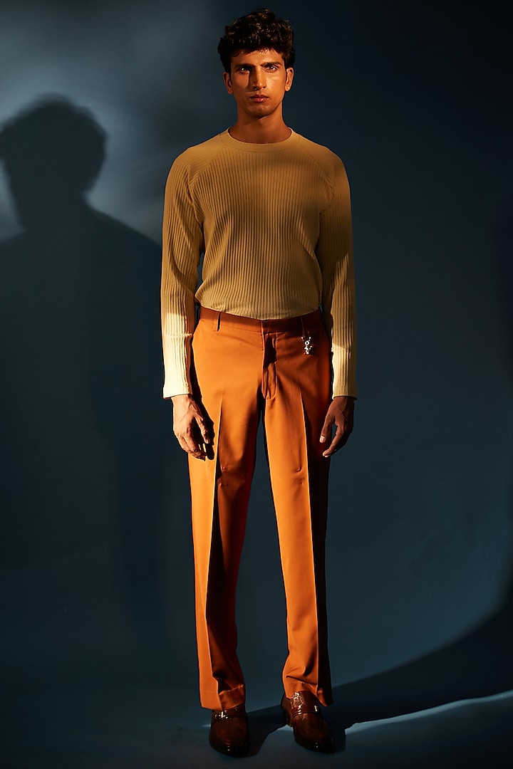 Burnt Orange Italian Terry Rayon Suiting Trousers by DIERMEISS BY THE DRAGON LADY