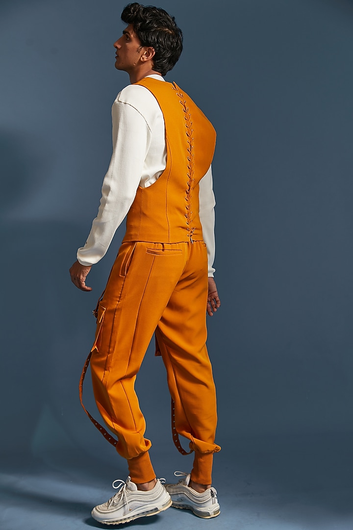 Mustard Yellow Imported Banana Crepe Waistcoat by DIERMEISS BY THE DRAGON LADY at Pernia's Pop Up Shop