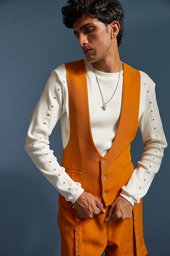 Mustard Yellow Imported Banana Crepe Waistcoat by DIERMEISS BY THE DRAGON LADY at Pernia's Pop Up Shop