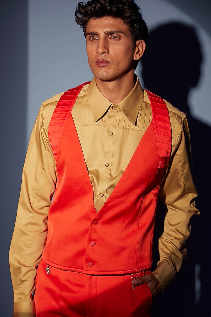Red Japanese Moss Crepe Waistcoat by DIERMEISS BY THE DRAGON LADY at Pernia's Pop Up Shop
