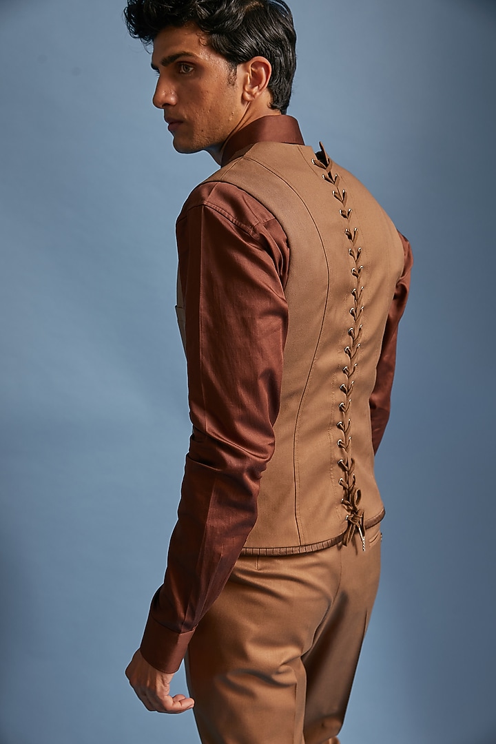 Brown Terry Wool Suiting Double-Breasted Pleated Waistcoat by DIERMEISS BY THE DRAGON LADY at Pernia's Pop Up Shop