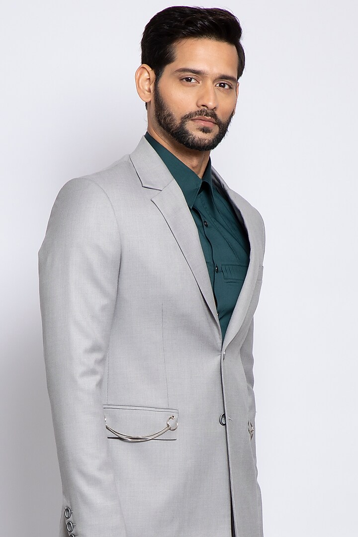 Light Grey Poly Viscose & Merino Wool Blazer by DIERMEISS BY THE DRAGON LADY at Pernia's Pop Up Shop