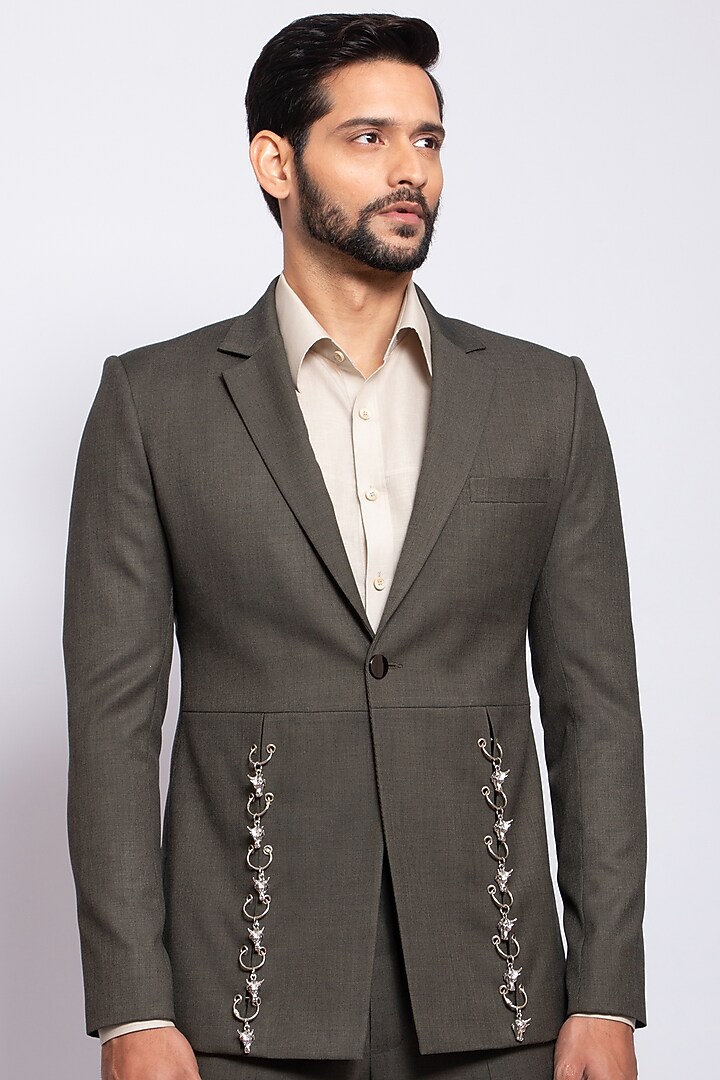 Pewter Green Poly Viscose & Merino Wool Blazer by DIERMEISS BY THE DRAGON LADY at Pernia's Pop Up Shop