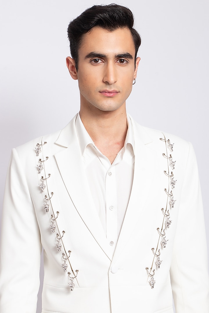 White Blazer With Dragon Charm Detail by DIERMEISS BY THE DRAGON LADY at Pernia's Pop Up Shop