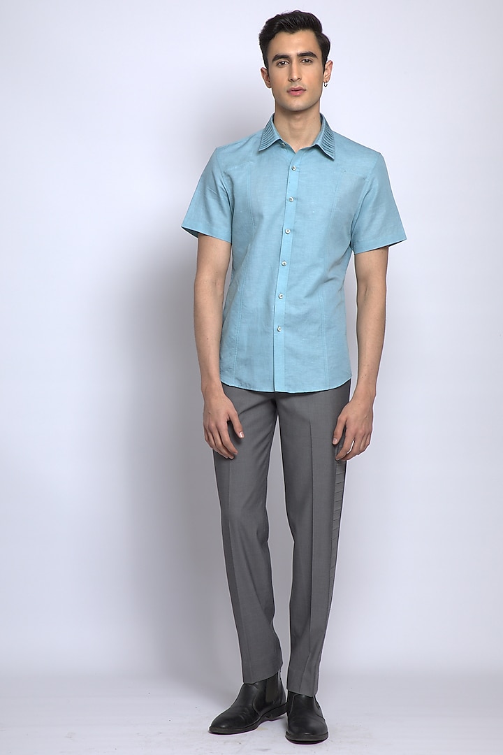 Powder Blue Linen Cotton Shirt by DIERMEISS BY THE DRAGON LADY