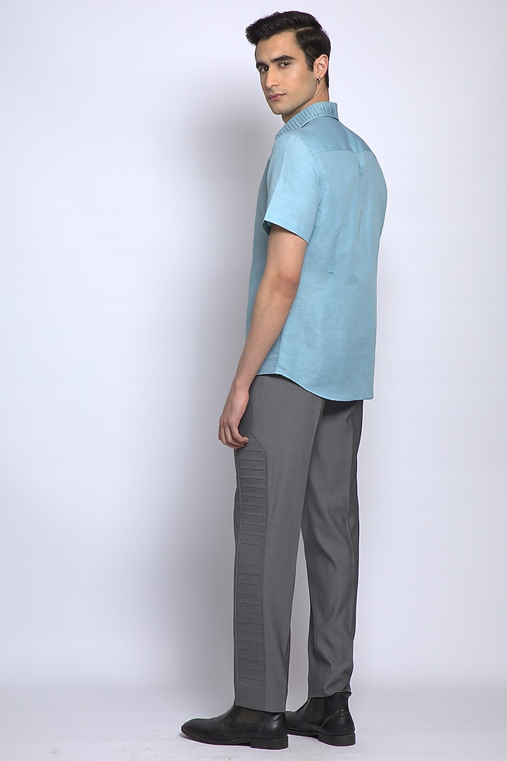 Powder Blue Linen Cotton Party Wear Shirt by DIERMEISS BY THE DRAGON LADY at Pernia's Pop Up Shop