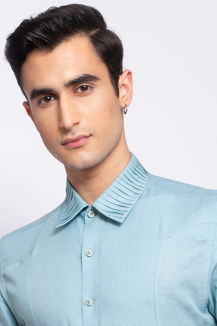 Powder Blue Linen Cotton Party Wear Shirt by DIERMEISS BY THE DRAGON LADY at Pernia's Pop Up Shop