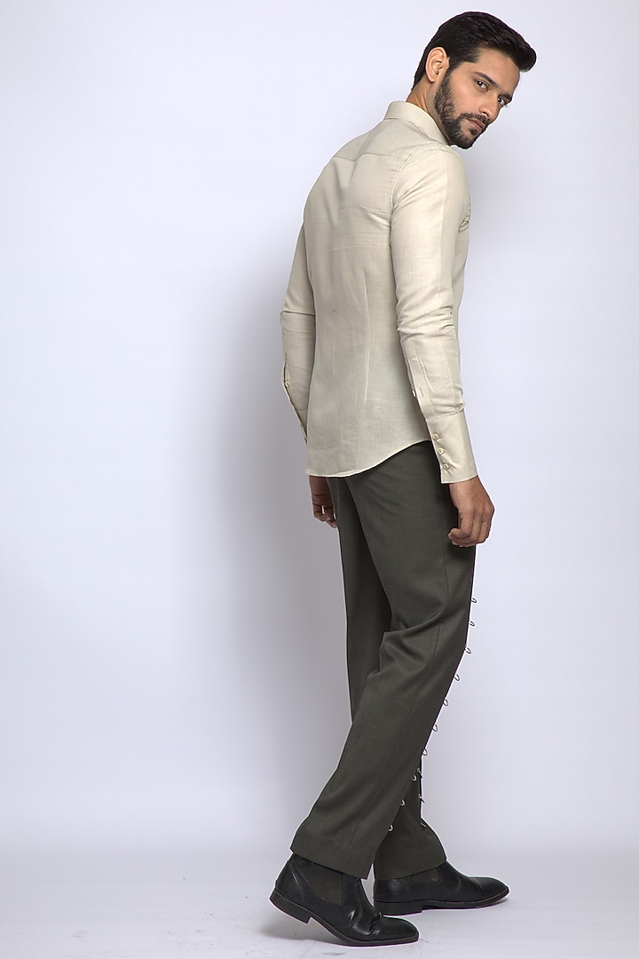 Beige Linen Cotton Party Wear Shirt by DIERMEISS BY THE DRAGON LADY at Pernia's Pop Up Shop
