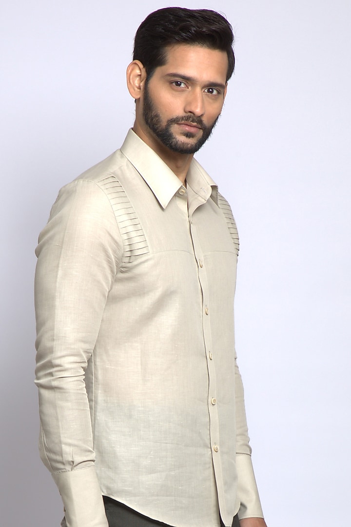 Beige Linen Cotton Party Wear Shirt by DIERMEISS BY THE DRAGON LADY at Pernia's Pop Up Shop
