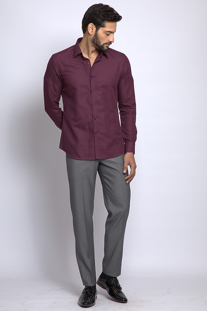 Wine Linen Cotton Party Wear Shirt by DIERMEISS BY THE DRAGON LADY at Pernia's Pop Up Shop