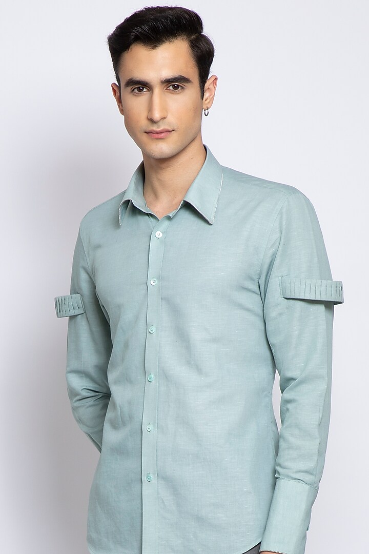 Mint Linen Cotton Party Wear Shirt by DIERMEISS BY THE DRAGON LADY at Pernia's Pop Up Shop