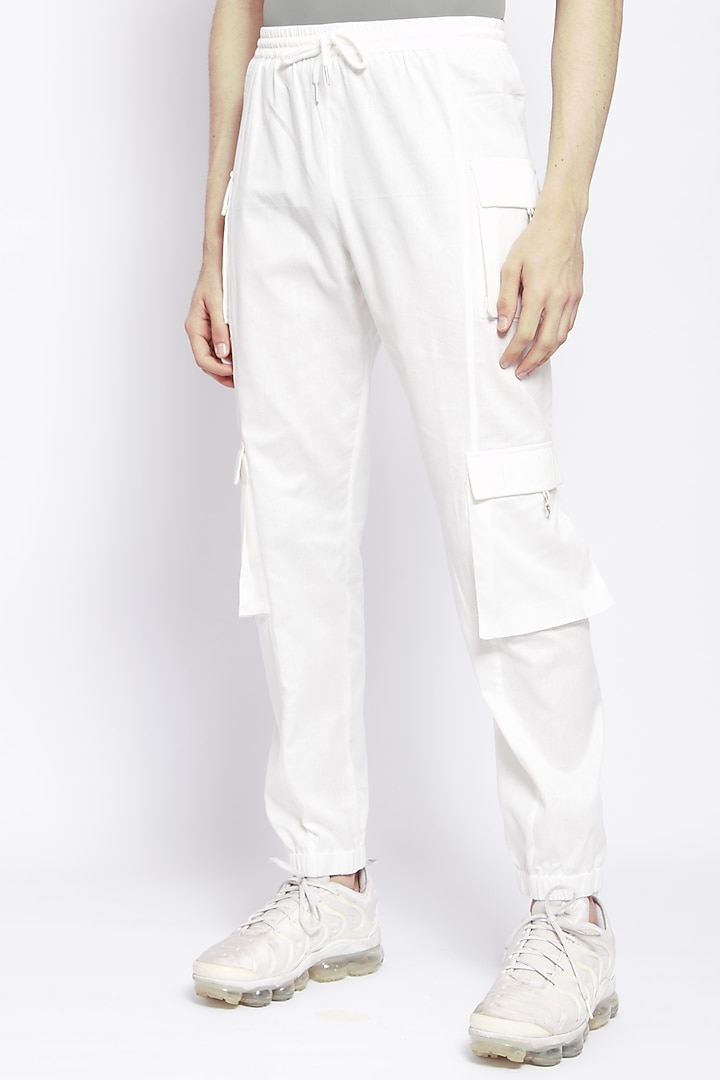 Powder Blue Cotton Flax Joggers by DIERMEISS BY THE DRAGON LADY at Pernia's Pop Up Shop